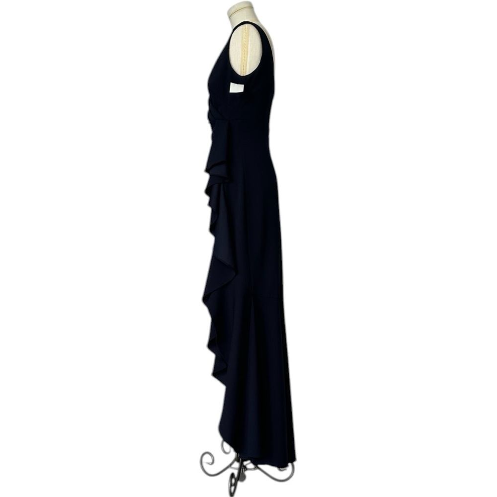 Betsy & Adam Candace Long V-neck Hi Low Cascade Dress Front Ruffle Navy Size 4 - Picture 9 of 15